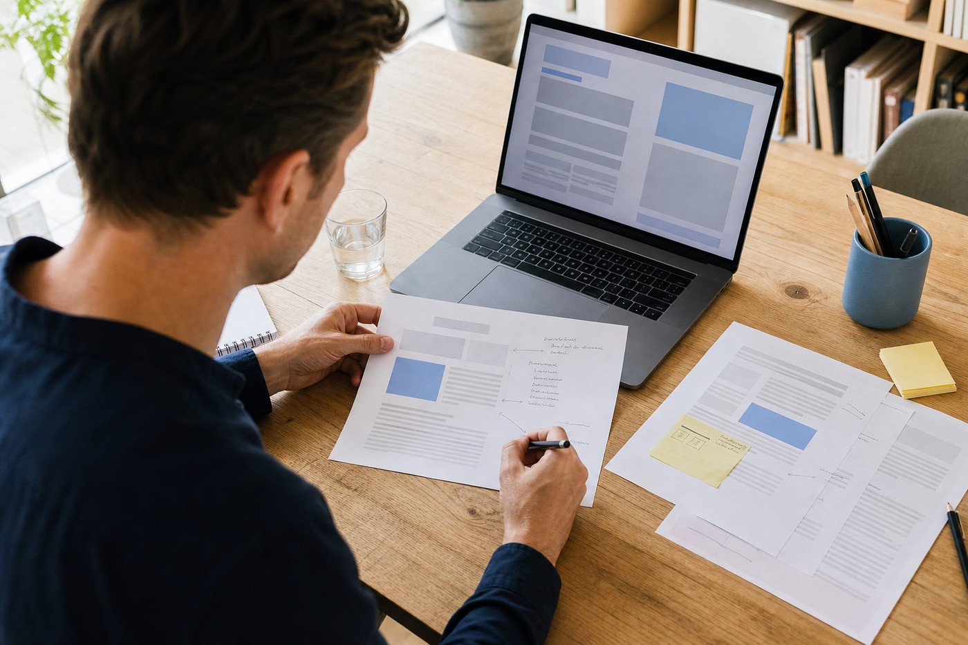 Professional vergelijkt een concept op papier met blokken op een laptopscherm