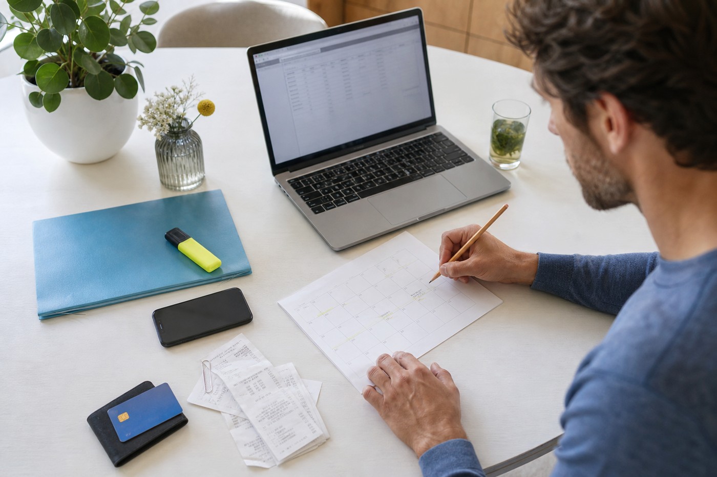Persoon vergelijkt een maandkalender met digitale uitgaven op een laptop aan een lichte tafel