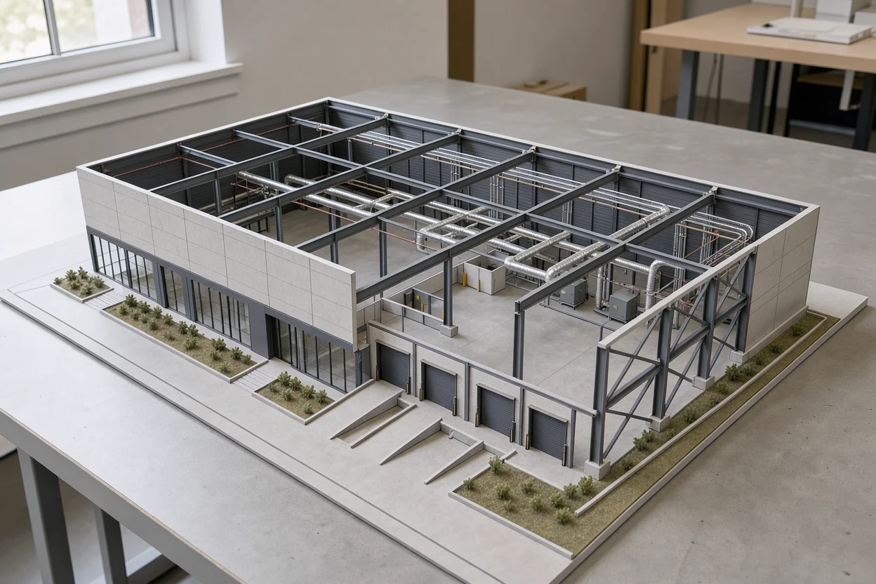 Schaalmodel van een bedrijfshal met zichtbare constructie en installatieroutes