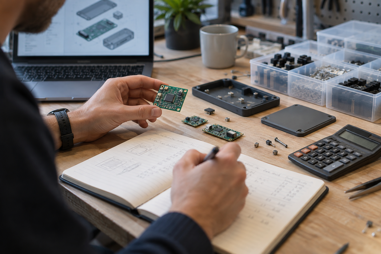 Elektronische onderdelen en een prototype op een werkbank